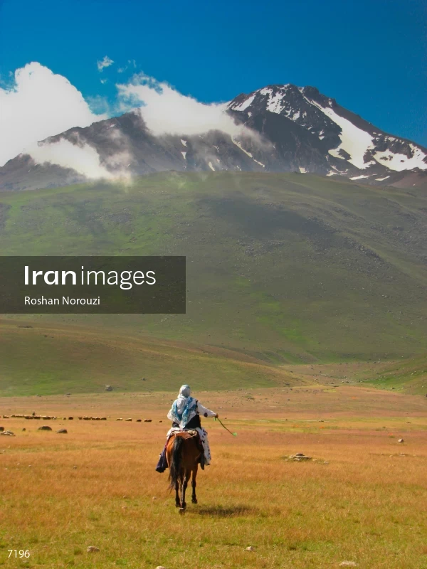 Shahsavan Nomadic woman riding in front of Sabalan
